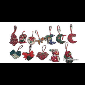 Vtg Handmade Quilted Ornaments Material String Hanger Set Christmas Decorations